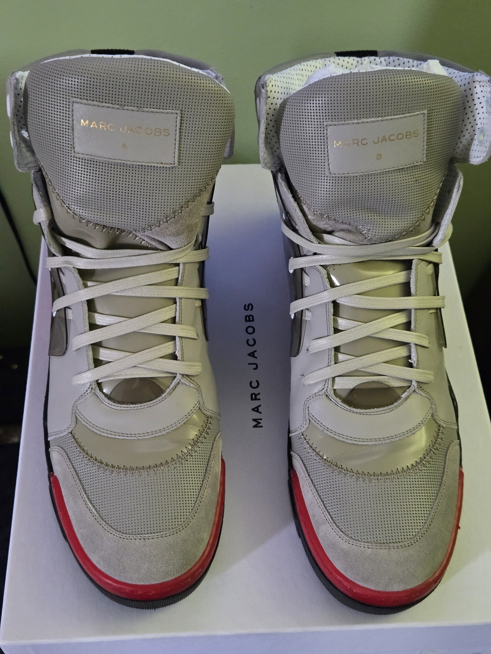 Marc Jacobs High-Top Sneakers in Light Gray with Red Trim
